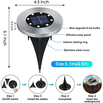 8 Led Outdoor Waterproof Garden Pack Disk Landscape Lighting Lawn Pathway Yard Driveway Walkway Patio White Solar Ground Lights