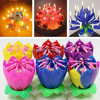 Incredible Happy Cake Party Colored Magic Sparkler Number Rainbow rotating musical lotus Flower music Birthday Candle