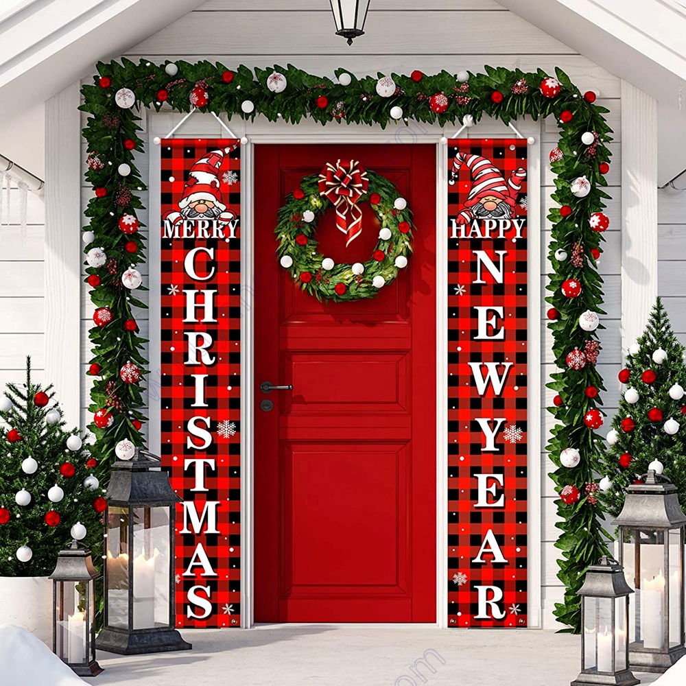 Christmas Banner Happy Santa Red Black Buffalo Plaid Front Door New Year Porch Sign For Wall Indoor Outdoor Hanging Decoration