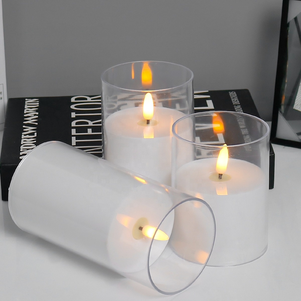 Battery Wax Home Flicker Pillar Light In Clear Glass Flame Electronic Moving Wick Flameless Led Remote Control Electric Candle