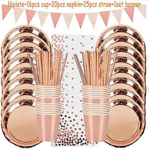 Rose Gold Birthday Decorations Disposable Tableware Set Paper Cup Adult Wedding Birthday Party Decorations Kids Babyshower Girl