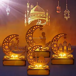 Wooden islamic Ramadan Eid Mubarak Ramadan moon hollow out letters with LED lights Eid Mubarak decoration