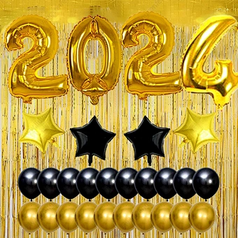 Kit Latex Confetti Anniversary Eve Decorations Supplies Banner Black Rose Gold Balloons 2024 Happy New Year Party