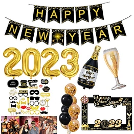 2023 Happy New Year Foil Balloons Photo Booth Frame Props Balloons Gold Black Banner Garland New Year Eve Party Home Supplies