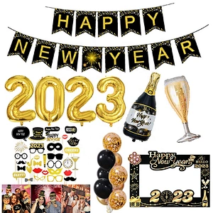 2023 Happy New Year Foil Balloons Photo Booth Frame Props Balloons Gold Black Banner Garland New Year Eve Party Home Supplies