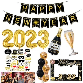 2023 Happy New Year Foil Balloons Photo Booth Frame Props Balloons Gold Black Banner Garland New Year Eve Party Home Supplies