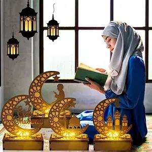 Wooden islamic Ramadan Eid Mubarak Ramadan moon hollow out letters with LED lights Eid Mubarak decoration