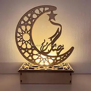 Wooden islamic Ramadan Eid Mubarak Ramadan moon hollow out letters with LED lights Eid Mubarak decoration