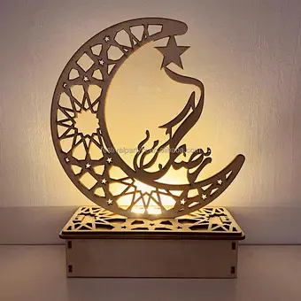 Wooden islamic Ramadan Eid Mubarak Ramadan moon hollow out letters with LED lights Eid Mubarak decoration
