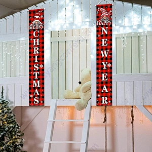 Christmas Banner Happy Santa Red Black Buffalo Plaid Front Door New Year Porch Sign For Wall Indoor Outdoor Hanging Decoration