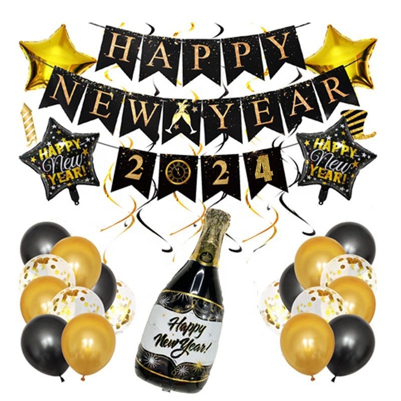 2024 Christmas Season Balloon Set Graduation Happy New Year Eve Gift Cake Decorating Set Party Decoration Black Banner