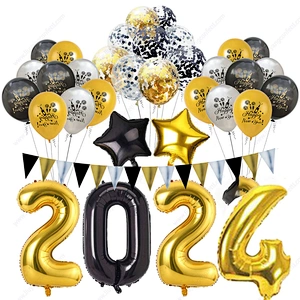 Kit Latex Confetti Anniversary Eve Decorations Supplies Banner Black Rose Gold Balloons 2024 Happy New Year Party