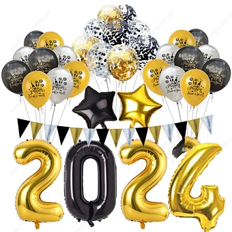 Kit Latex Confetti Anniversary Eve Decorations Supplies Banner Black Rose Gold Balloons 2024 Happy New Year Party