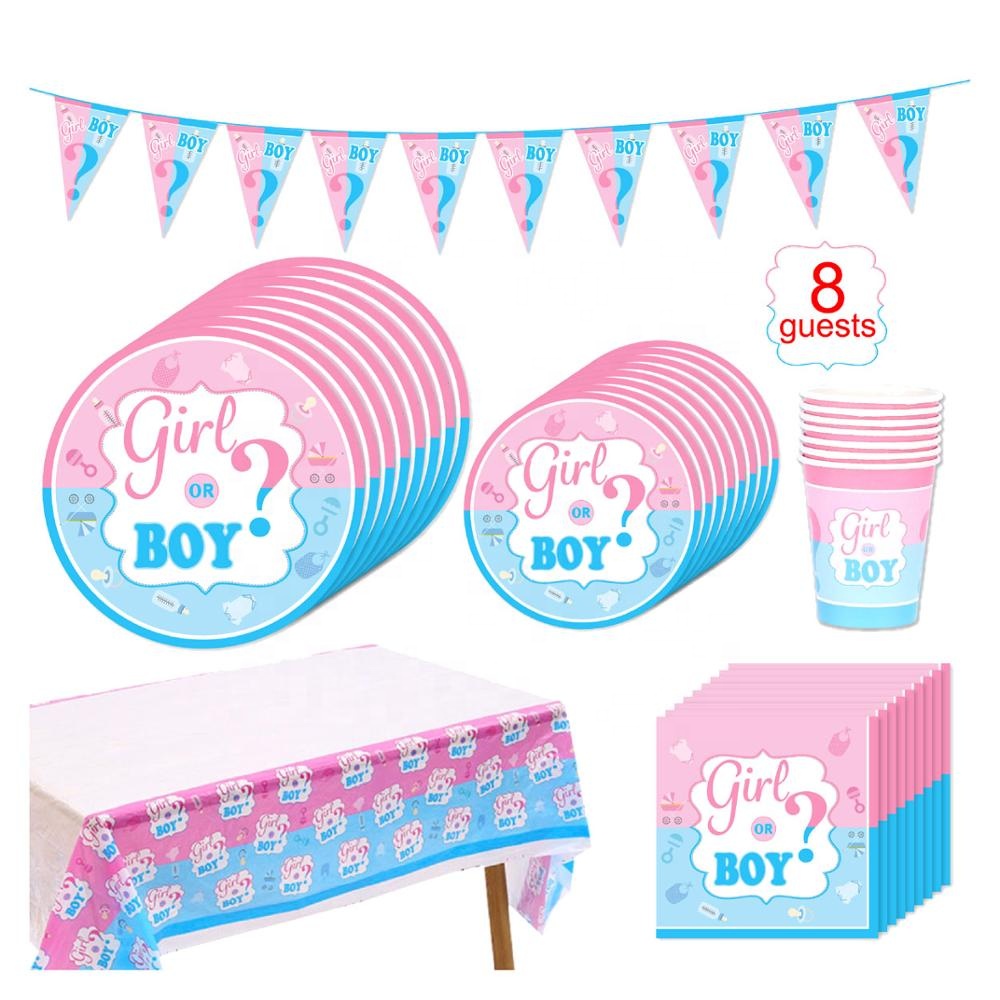 Eco friendly Gender Reveal Decoration Set plates cups Napkins Confetti Balloons Tablecloth baby shower decoration