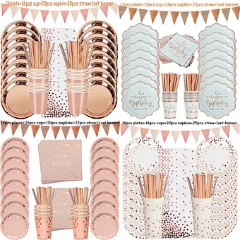 Rose Gold Birthday Decorations Disposable Tableware Set Paper Cup Adult Wedding Birthday Party Decorations Kids Babyshower Girl