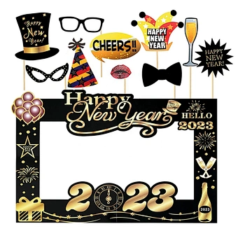 2023 Happy New Year Foil Balloons Photo Booth Frame Props Balloons Gold Black Banner Garland New Year Eve Party Home Supplies