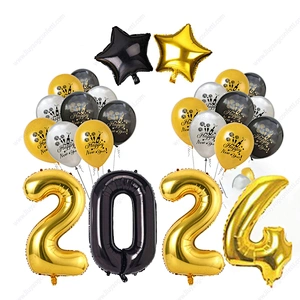 Kit Latex Confetti Anniversary Eve Decorations Supplies Banner Black Rose Gold Balloons 2024 Happy New Year Party