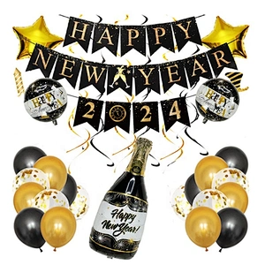 2024 Christmas Season Balloon Set Graduation Happy New Year Eve Gift Cake Decorating Set Party Decoration Black Banner