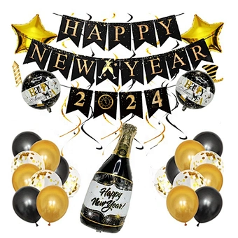2024 Christmas Season Balloon Set Graduation Happy New Year Eve Gift Cake Decorating Set Party Decoration Black Banner