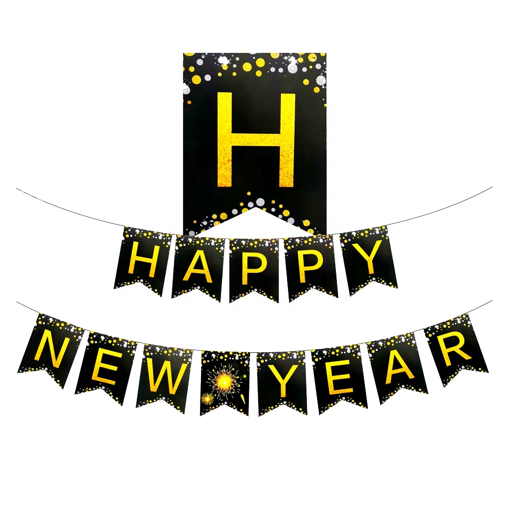 2023 Amazon Hot Sale Decoration 2022 Black Gold Eve Set Paper Hanging Party Merry Christmas Home Xmas Happy New Year Banner