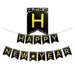 2023 Amazon Hot Sale Decoration 2022 Black Gold Eve Set Paper Hanging Party Merry Christmas Home Xmas Happy New Year Banner