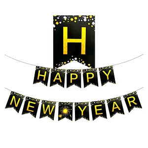 2023 Amazon Hot Sale Decoration 2022 Black Gold Eve Set Paper Hanging Party Merry Christmas Home Xmas Happy New Year Banner