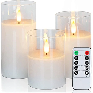 Hot Selling 3D Real Flame Pillar Gold Glass Home Decoration Remote Timer 4 8 Hours Flameless Flickering Led Candle