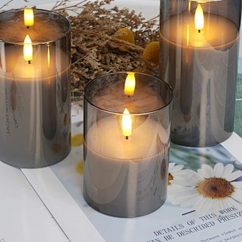 Hot Selling 3D Real Flame Pillar Gold Glass Home Decoration Remote Timer 4 8 Hours Flameless Flickering Led Candle