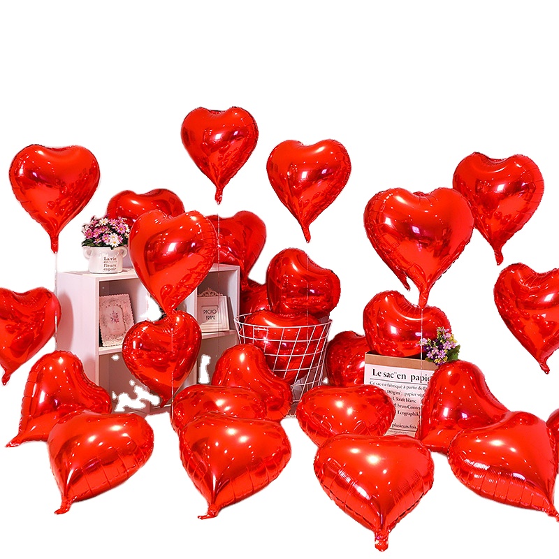 Dark Red Silk Rose Petals Romantic Flower Decoration Love Aluminium Heart Balloons for Valentin Day Wedding Party Decorations