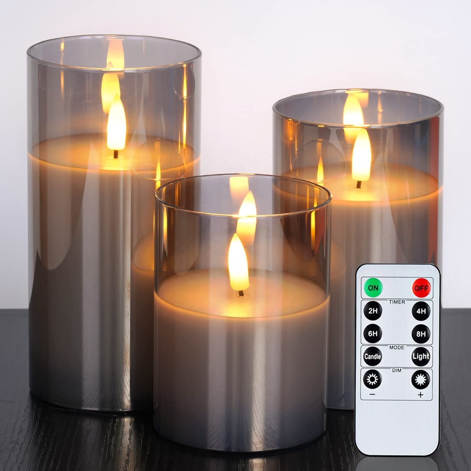 Hot Selling 3D Real Flame Pillar Gold Glass Home Decoration Remote Timer 4 8 Hours Flameless Flickering Led Candle