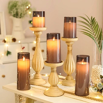 Flickering Battery Powered Window Light Christmas Decoration Remote Hot Selling Flameless Led Grey Gold Glass Pillar Candle