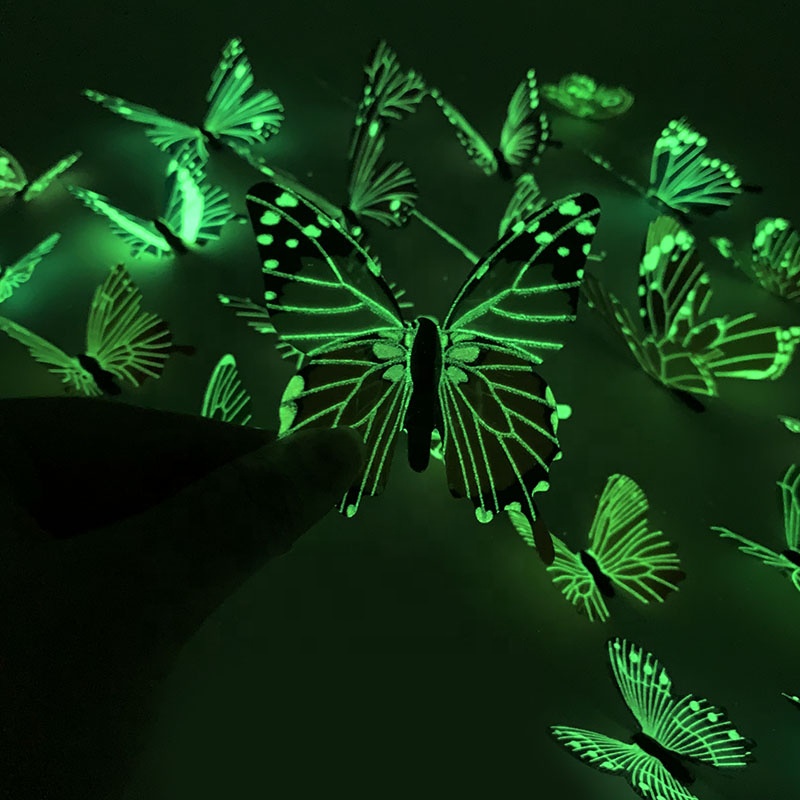 Wholesale Popular 12 Pc 3d 2 Layer Simulation Home Wall Decoration Adhesive Double Wing Glow in Dark Luminous Butterfly Sticker