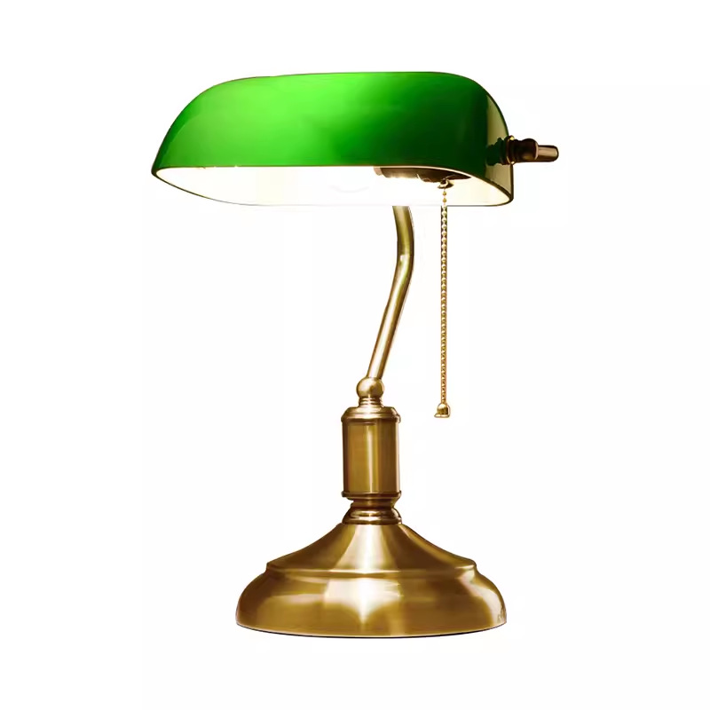 Retro Bar Table Antique Classic Power  Green Glass Shade Metal Banker Lamp
