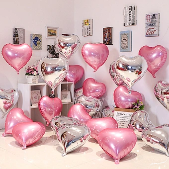 Dark Red Silk Rose Petals Romantic Flower Decoration Love Aluminium Heart Balloons for Valentin Day Wedding Party Decorations
