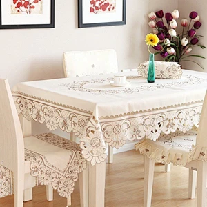 Eco-friendly printed PVC tablecloth with nonwoven / flannel backing, 2'' lace , table cover