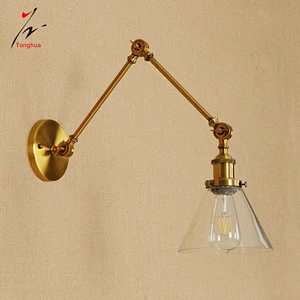 Brass Gold Vintage Long Arm Loft Wall Lamp with Clear Glass Shade Home Decorative Lights