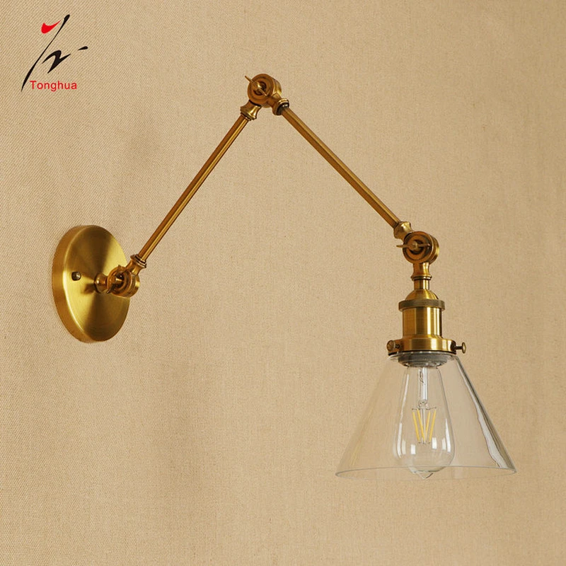 Brass Gold Vintage Long Arm Loft Wall Lamp with Clear Glass Shade Home Decorative Lights