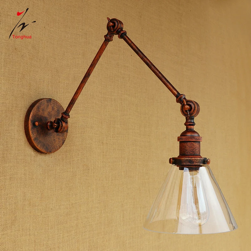 Copper Red Vintage Long Arm Industrial Wall Lamp with Clear Glass Shade Home Loft Lights