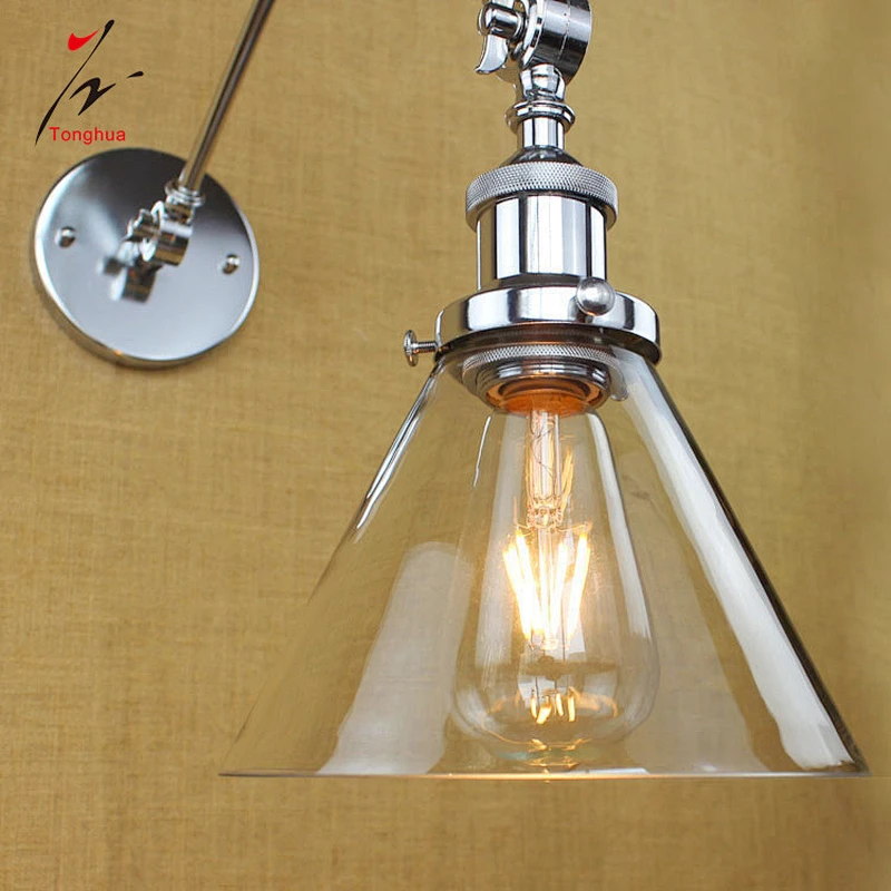 Copper Red Vintage Long Arm Industrial Wall Lamp with Clear Glass Shade Home Loft Lights