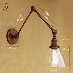 Copper Red Vintage Long Arm Industrial Wall Lamp with Clear Glass Shade Home Loft Lights