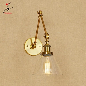 Brass Gold Vintage Long Arm Loft Wall Lamp with Clear Glass Shade Home Decorative Lights