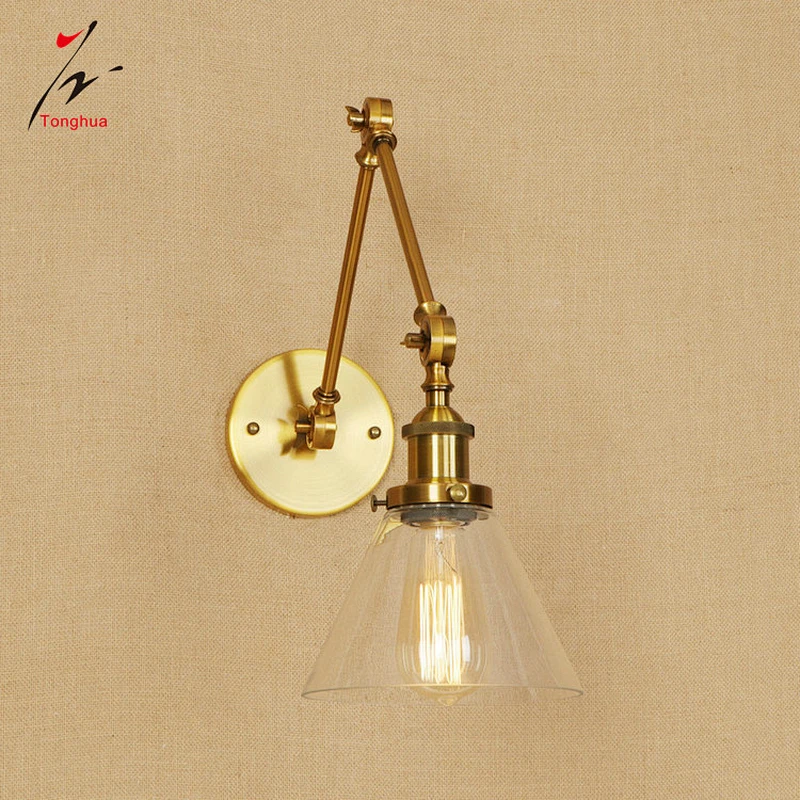 Brass Gold Vintage Long Arm Loft Wall Lamp with Clear Glass Shade Home Decorative Lights