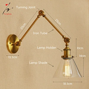 Brass Gold Vintage Long Arm Loft Wall Lamp with Clear Glass Shade Home Decorative Lights