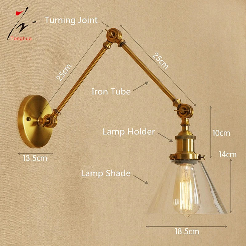 Brass Gold Vintage Long Arm Loft Wall Lamp with Clear Glass Shade Home Decorative Lights