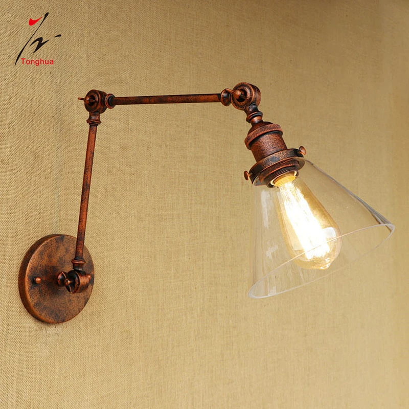 Copper Red Vintage Long Arm Industrial Wall Lamp with Clear Glass Shade Home Loft Lights
