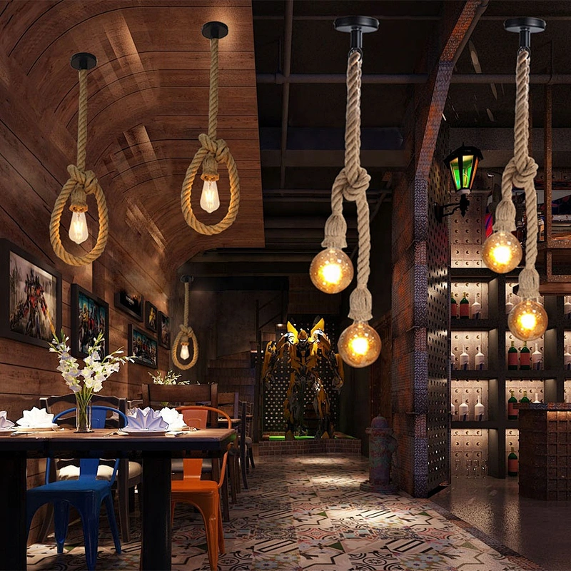 Vintage Single Double Heads Hemp Rope Pendant Lamp E26 Creative Industrial Lighting