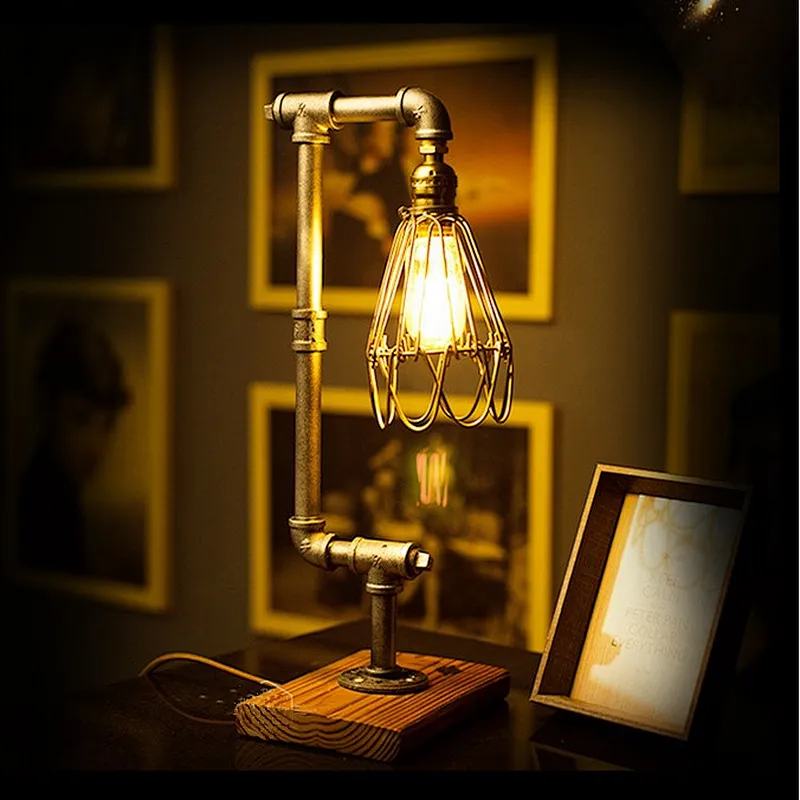 Vintage Wood Reading Table Light Hotel Decoration Water Pipe Brace Bird Cage