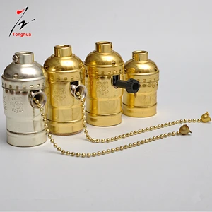 Vintage E27 Aluminum Retro Antique Lamp Base Holder Aluminum Shell Bulb Light Screw Socket Decorative Gold Zipper Switch