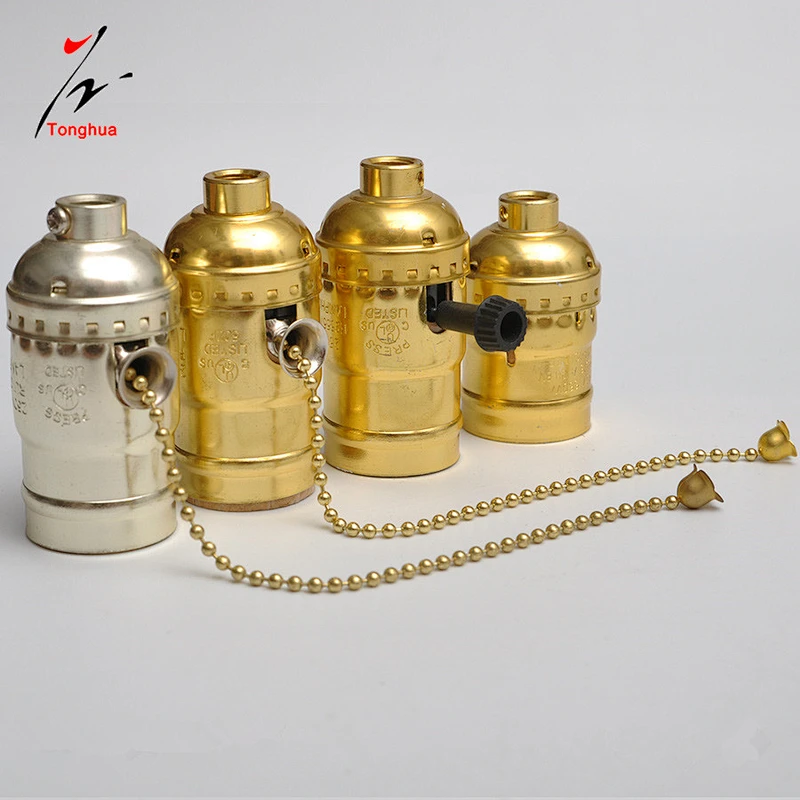 Vintage E27 Aluminum Retro Antique Lamp Base Holder Aluminum Shell Bulb Light Screw Socket Decorative Gold Zipper Switch
