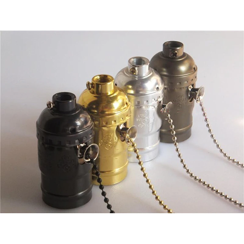 Vintage E27 Aluminum Retro Antique Lamp Base Holder Aluminum Shell Bulb Light Screw Socket Decorative Gold Zipper Switch